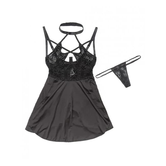 Halter Neck Underwire Cup Babydoll & G-String Black, image 1