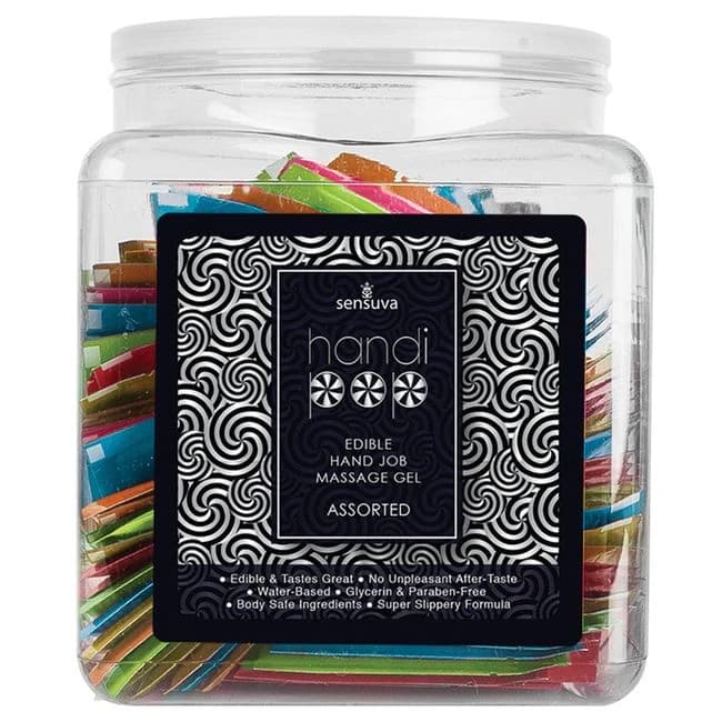 Handipop Hand Job Massage Gel Assorted Flavor - 100 Piece Single Use Packet Tub, image 1