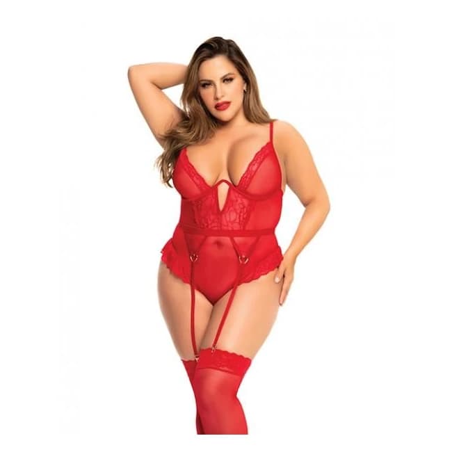 Heart Lace Underwire Bodysuit Red 1x/2x, image 1