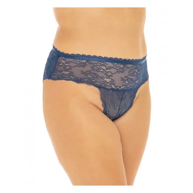 Helena Stretch Lace Open Back Crotchless Panty Estate Blue 1x/2x, image 1