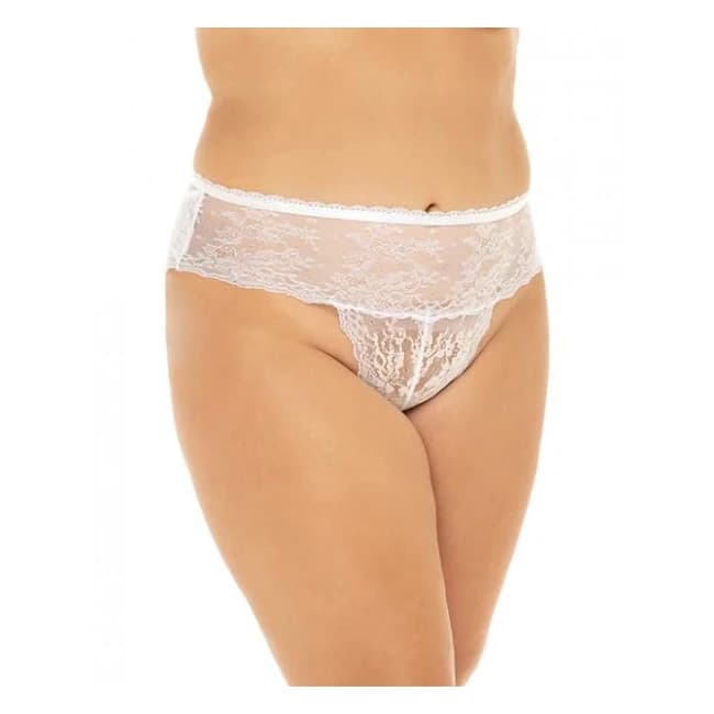 Helena Stretch Lace Open Back Crotchless Panty White 1x/2x, image 1