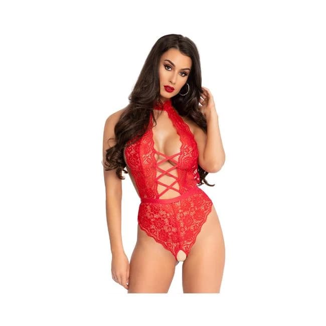 High Neck Floral Backless Teddy with Crotchless Thong Panty Black 1x/2x, image 1