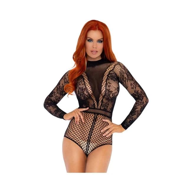 High Neck Floral Lace Bodysuit with Full Back Fishnet Snap Crotch Panty Os Black, image 1