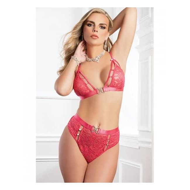 High Waist Lace Jeweled Panty & Bra Pink Crush O/S, image 1