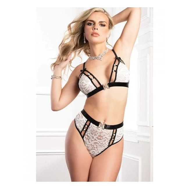 High Waist Lace Jeweled Panty & Bra White Tux O/S, image 1