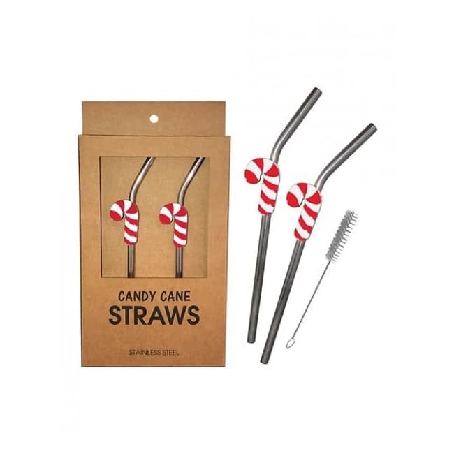 Holiday Candy Cane Reusable Stainless Steel (Dishwasher Safe) Straws - Pack of 2, image 1