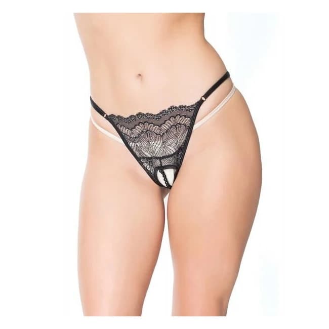 Holiday Metallic Scallop Stretch Lace Crotchless Panty Black/silver, image 1
