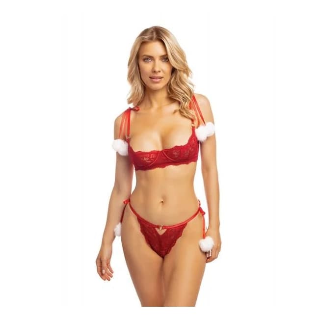 Holiday Mistletoe Kiss Underwire Open Shelf Bra & Panty w/ Pom Pom Detail Red/white S/M, image 1