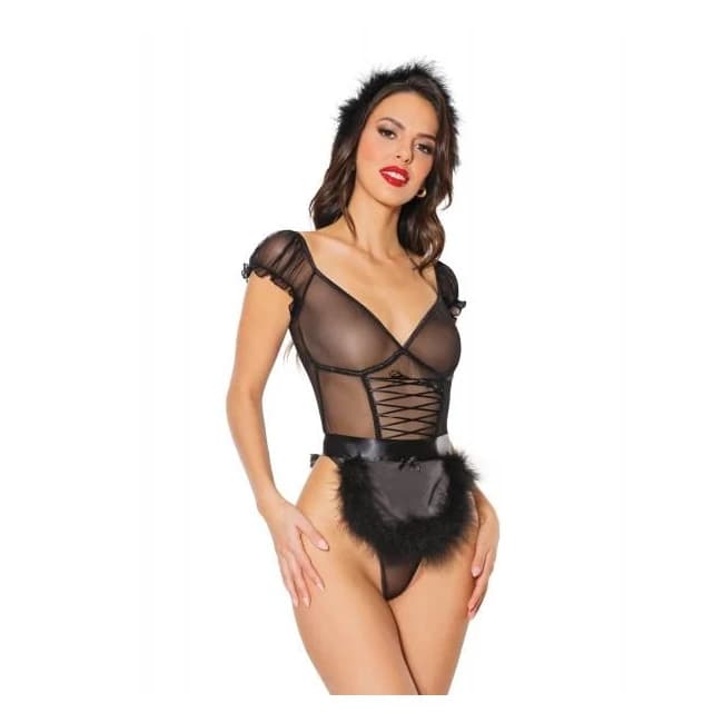 Holiday Mistletoe Maid Stretch Mesh Teddy, Marabou Trimmed Apron & Headband, image 1