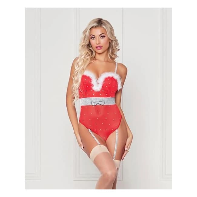 Holiday Rhinestone Studded Mesh Teddy w/ Marabou Trim Red Md, image 1