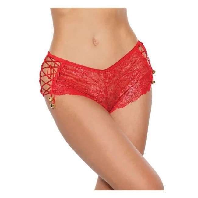 Holiday Shimmer Stretch Lace Jingle Bell Booty Shorts, image 1