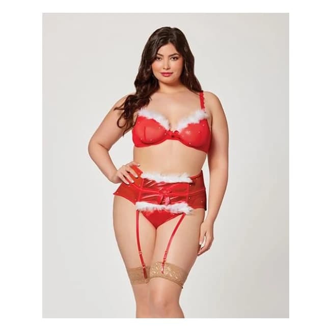 Holiday Sparkle Mesh Bra w/ Marabou Trim, Garter Belt & Panty Red 3x/4x, image 1