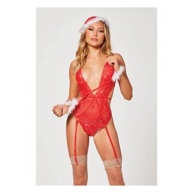 Holiday Strappy Lace Santa Teddy w/ Marabou Handcuffs & Hat Red O/S, image 1