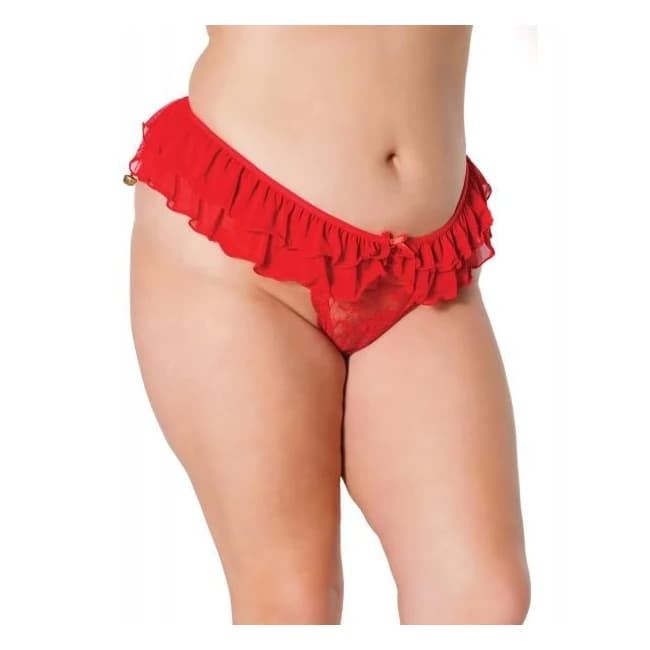 Holiday Stretch Lace & Mesh Crotchless Panty w/ Ruffle Jingle Bell Waist Red Os/xl, image 1