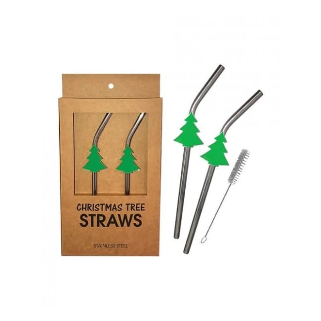 Holiday Tree Reusable Stainless Steel (dishwasher Safe) Straws - Pack of 2 - Image 1 Holiday Tree Reusable Stainless Steel (dishwasher Safe) Straws - Pack of 2 - Image 1