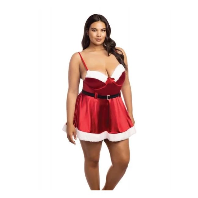 Holiday Vixen Padded Cup Chemise w/ Marabou Trim Red/white 1x/2x, image 1