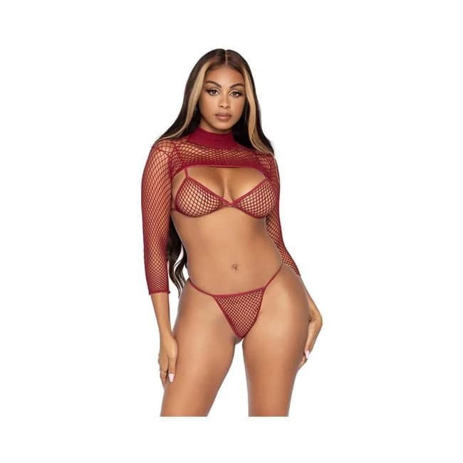 Industrial Net Bikini Top. G-String, Long Sleeve Burgundy Os, image 1