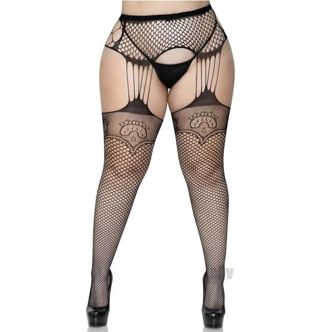 Industrial Net Stockings with Duchess Lace Top and Attached Multi Strand Garter Belt - 1x/2x - Black, image 1