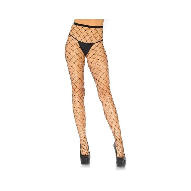 Iridescent Rhinestone Fence Net Tights. Black O/S, image 1
