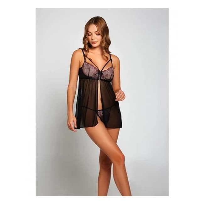 Jacquard Lace, Fine Mesh Babydoll & G-String Fuchsia/black, image 1