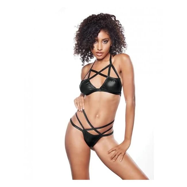 Kitten Sugar & Blush Criss Cross Bralette & Thong Black O/S, image 1