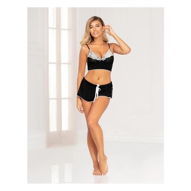 Knit Jersey Bralette Contrast Lace & Shorts Black, image 1