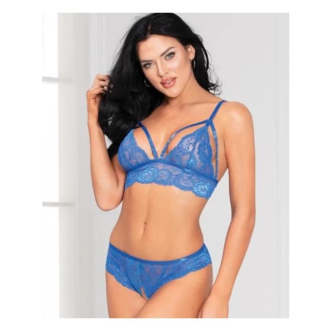 Lace Bra & Open Crotch Panty Lace-up Back Blue O/S, image 1