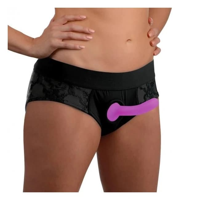 Lace Envy Black Pegging Set with Lace Crotchless Panty Harness and Dildo - L-XL, image 1