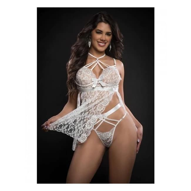 Lace Halter Babydoll w/ High Waist Strappy Panty White O/S, image 1