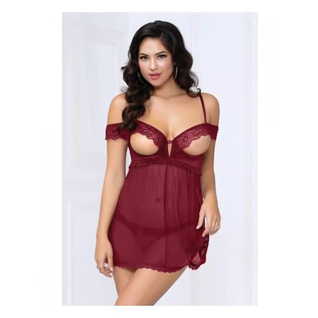 Lace & Mesh Open Cups Babydoll w/ Fly Away Back & Panty Wine, image 1