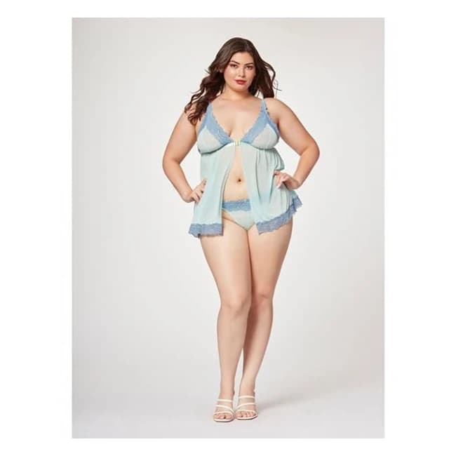 Lace & Mesh Triangle Cup Babydoll & Thong Blue 1x/2x, image 1