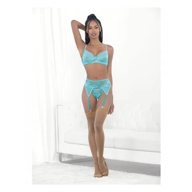 Lace & Mesh Underwire Bra, Garterbelt & G-String Malibu Blue Md, image 1
