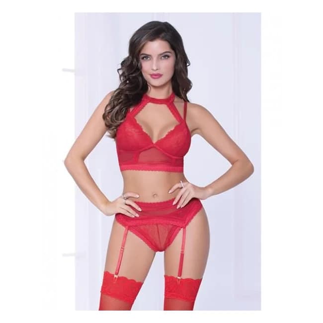 Lace & Netting Long Line Bra, Garter Belt & Open Crotch Thong Red, image 1