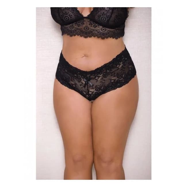 Lace, Pearl Boyshorts Satin Bow Accents Black 1x/2x, image 1