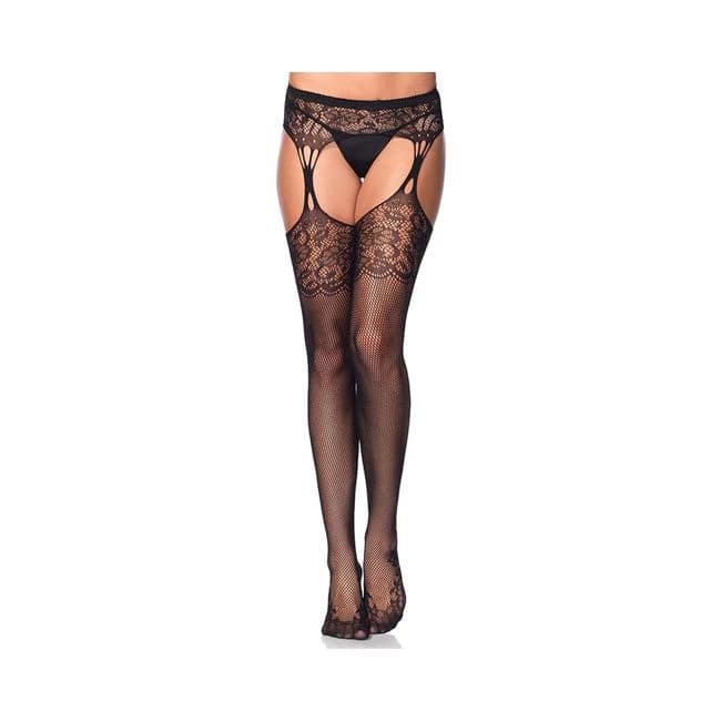 Lace Top Fishnet Stocking Cuban Heel & Tear Drop Garterbelt O/S Black, image 1