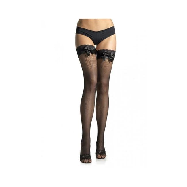 Lace Top Lycra Fishnet Thigh High W/bow O/s Black - Image 1 Lace Top Lycra Fishnet Thigh High W/bow O/s Black - Image 1
