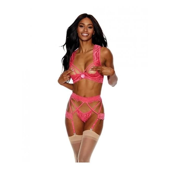Lace Underwire Peek a Boo Bra, Garterbelt & G-String Coral Md, image 1