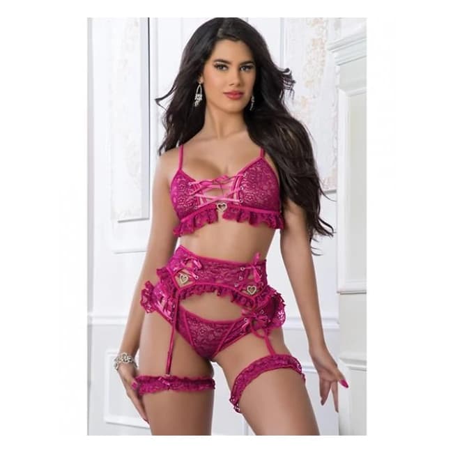 Lace up Top, w/ Matching Cheekini, Garterbelt & Leg Garters Berry Sorbet O/S, image 1