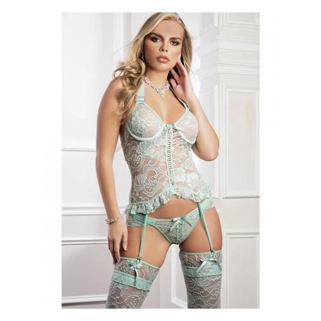 Laced Garter Corset, Hiphugger Panty & Laced Stockings White O/S, image 1