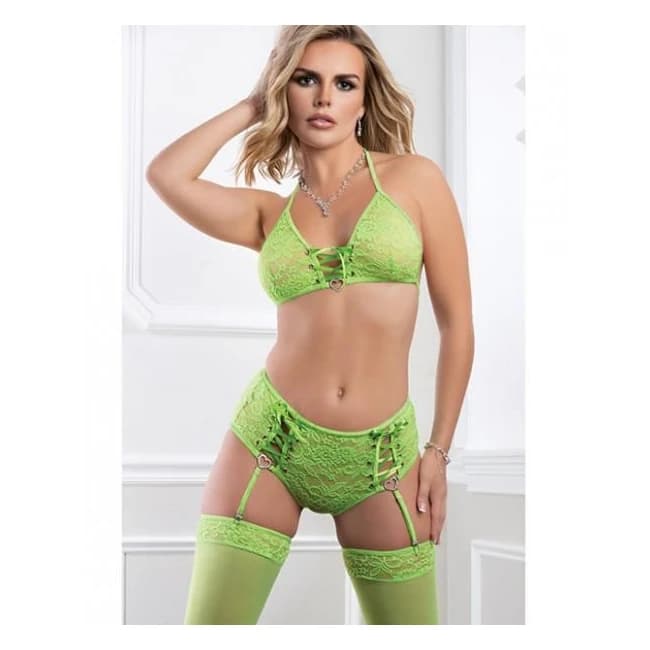 Laced up Halter Bra w/ Heart Charm, High Waist Panty & Stockings Neon Kiwi O/S, image 1