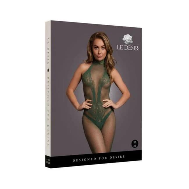 Le Desir Fishnet and Lace Bodystocking Midnight Green O/S, image 1