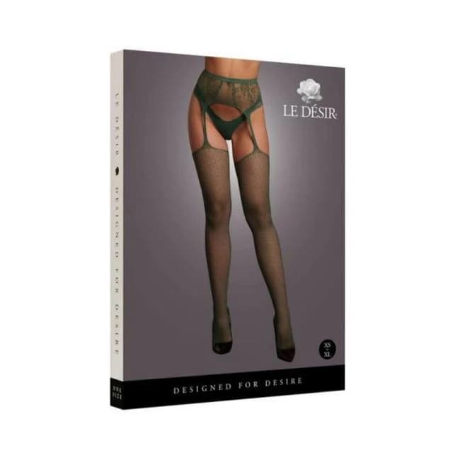 Le Desir Fishnet and Lace Garterbelt Stockings Midnight Green O/S, image 1