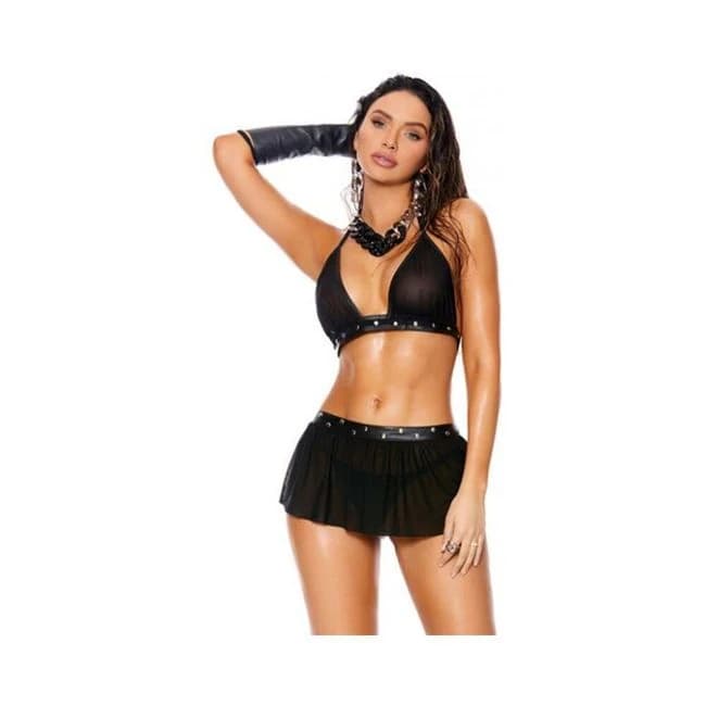 Leather & Mesh Halter Bra Top w/ Mini Skirt & G-String - Black, image 1