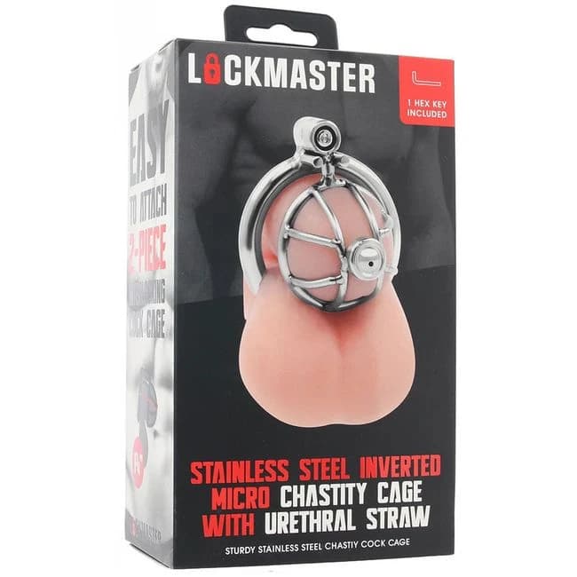 Lockmaster Stainless Steel Inverted Micro Chastity Cage with Urethral Straw, image 1
