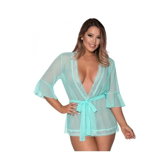 Magic Silk Seabreeze Robe W Lace Trim Turquoise, image 1