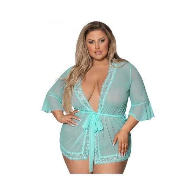 Magic Silk Seabreeze Robe W Lace Trim Turquoise Queen Size, image 1