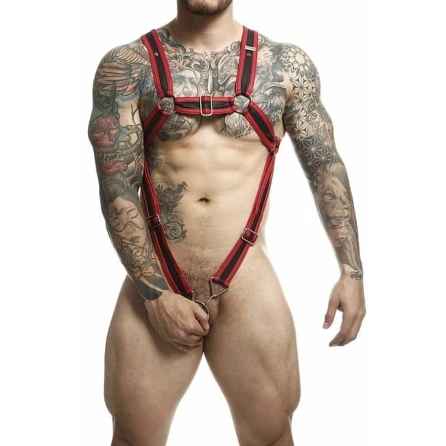 Male Basics Dngeon Cross Cock Ring Harness Red O/s - Image 1 Male Basics Dngeon Cross Cock Ring Harness Red O/s - Image 1