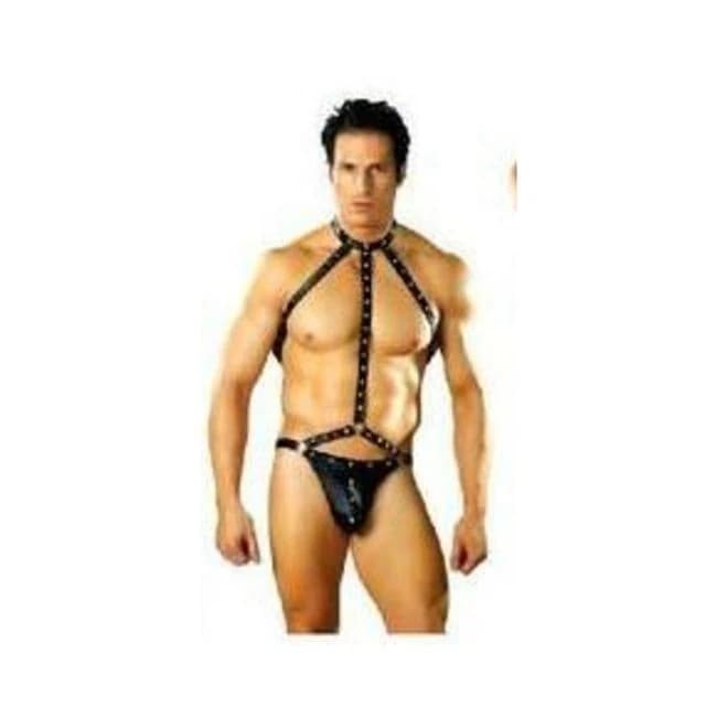 Male Power Fetish Gladiator High-Neck Strappy Body Harness Black S/M, image 1