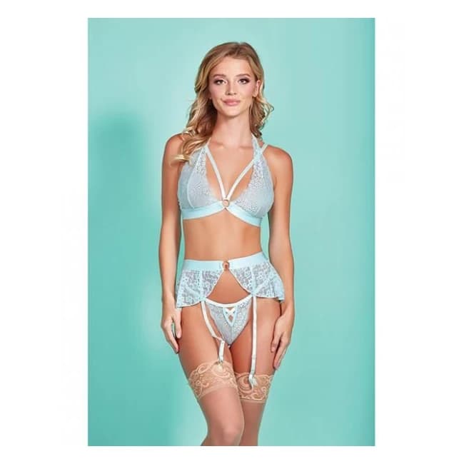 Mercedes Dross Dyed Galloon Lace Strappy Halter Bra, Garter Skirt & G-string Light Blue - Image 1 Mercedes Dross Dyed Galloon Lace Strappy Halter Bra, Garter Skirt & G-string Light Blue - Image 1