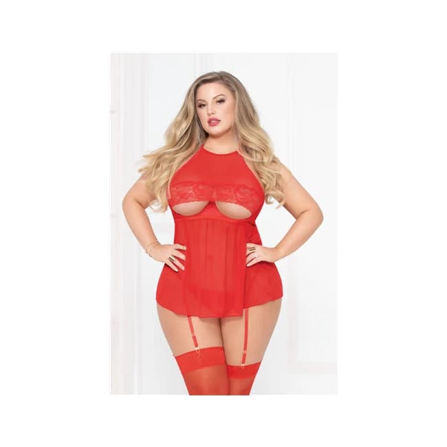 Mesh & Lace Babydoll w/o Pen Underwire Cup & Gartered Thong Red Qn, image 1